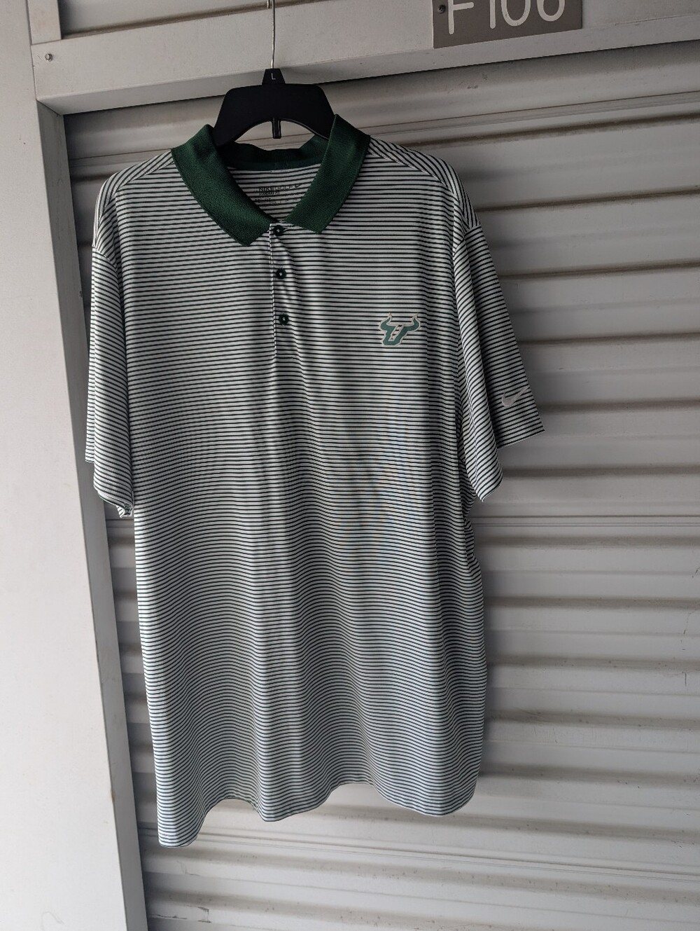 USF Nike Green and White Striped V-Neck Polo Sweater